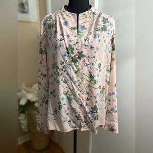 Blush Pink Floral Blouse Button Front Lightweight Long Sleeve Top